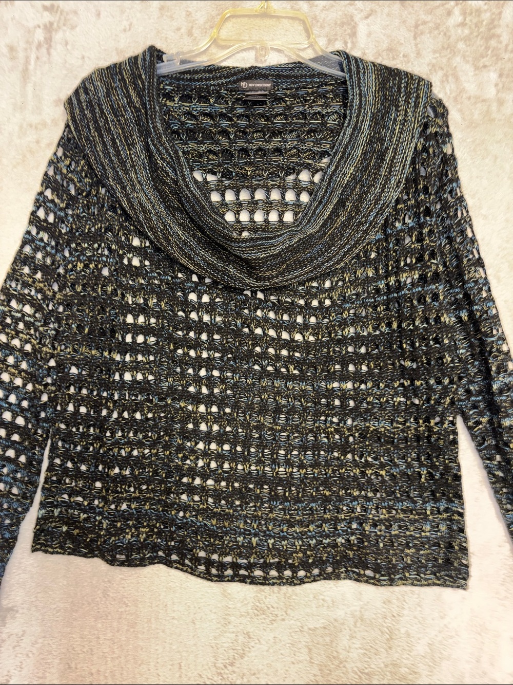 New Directions Cowl Neck Open Knit Sweater Black & Blue Large